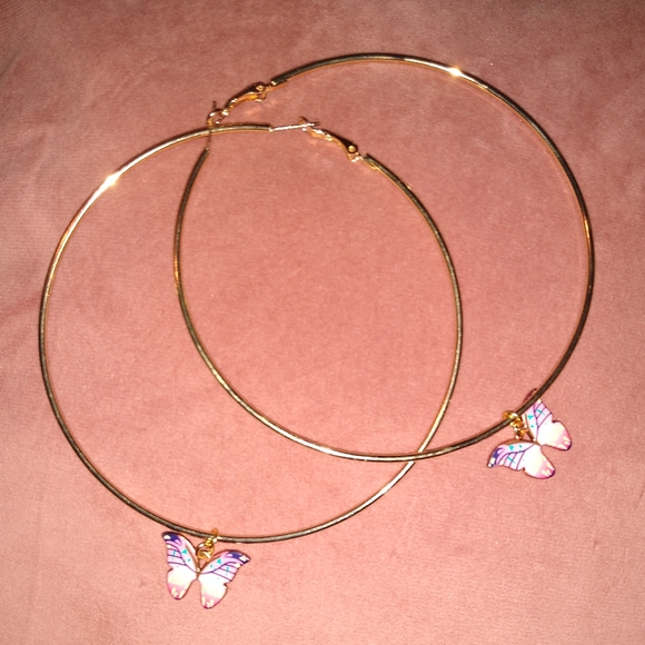 Oversized Gold Pink Butterfly Charm Hoop Earrings XL Big KATTA Hoops Butterflies - Picture 4 of 9